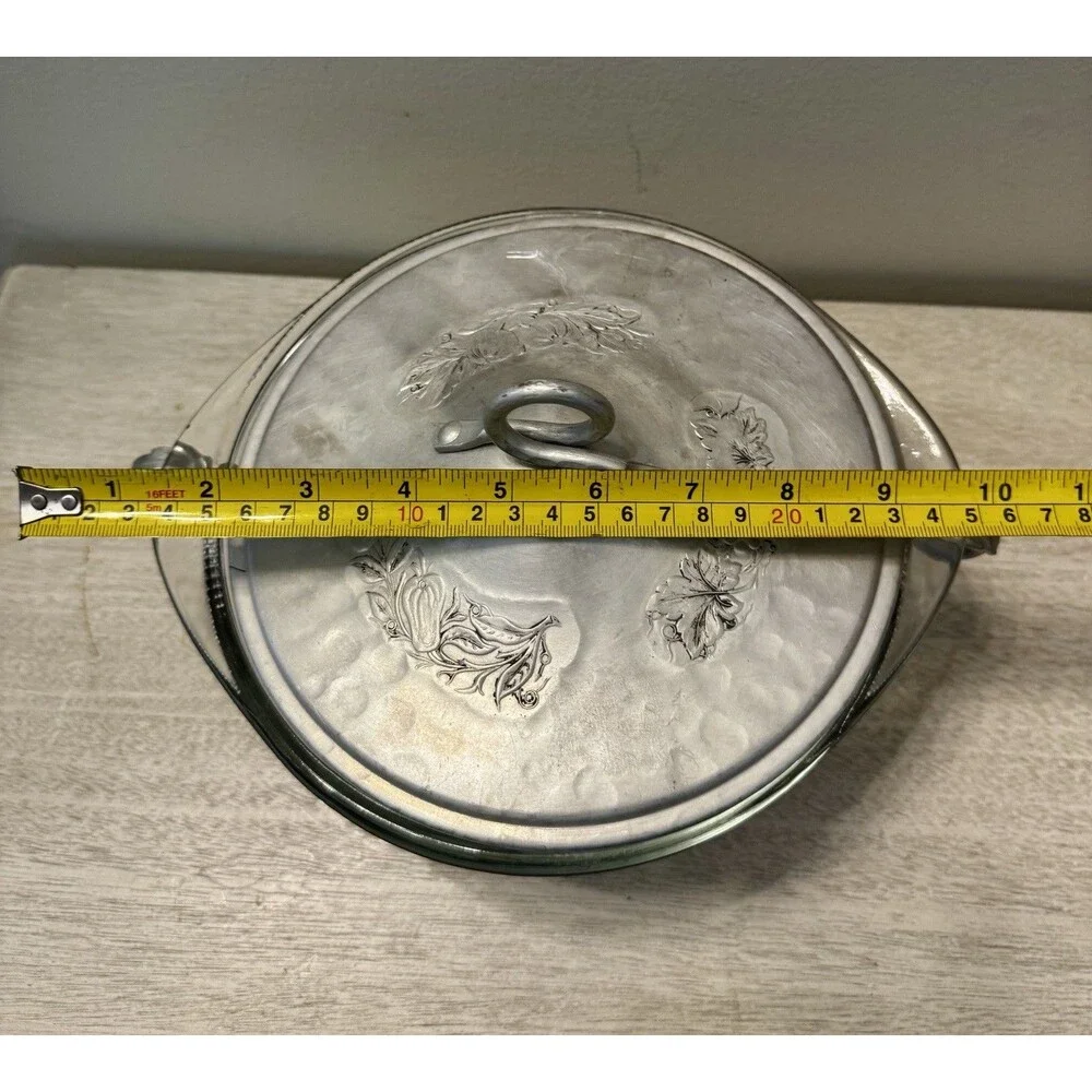 Vintage Glasbake J2600 1.5 Qt Casserole Hammered Aluminum Bowl Lid